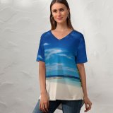 yanfind V Neck T-shirt for Women Baros Maldives Island Seascape Tropical Beach Sky Horizon Ocean Landscape Huts Scenery Summer Top  Short Sleeve Casual Loose