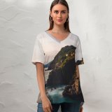 yanfind V Neck T-shirt for Women MatteoRipamonti Riomaggiore Villiage Sunset Cliff Ocean Rocky Coast Italy Summer Top  Short Sleeve Casual Loose