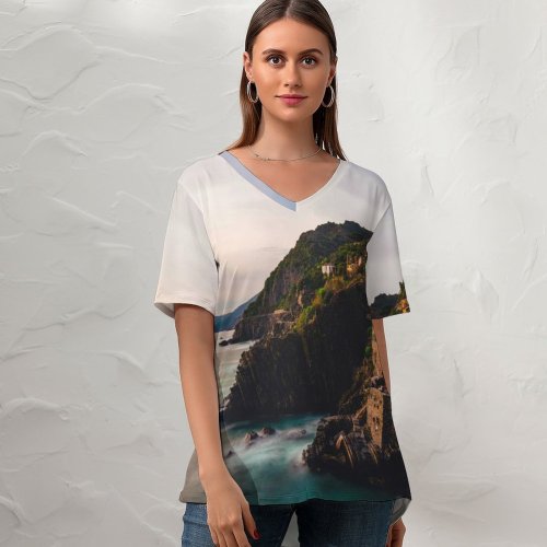 yanfind V Neck T-shirt for Women MatteoRipamonti Riomaggiore Villiage Sunset Cliff Ocean Rocky Coast Italy Summer Top  Short Sleeve Casual Loose
