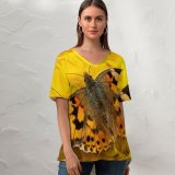 yanfind V Neck T-shirt for Women Lady Flowers Butterfly Insects Closeup Summer Top  Short Sleeve Casual Loose