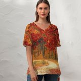 yanfind V Neck T-shirt for Women Autumn Leaves Forest Pathway Scenery Fall Trees Summer Top  Short Sleeve Casual Loose