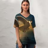 yanfind V Neck T-shirt for Women Gerd Altmann Seagull Birds Sunset Reflection Flying Bird Wings Blur Summer Top  Short Sleeve Casual Loose
