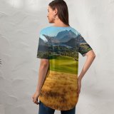 yanfind V Neck T-shirt for Women Trey Ratcliff Golf Course Landscape Mountains Lake Par Scenery Summer Top  Short Sleeve Casual Loose
