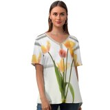 yanfind V Neck T-shirt for Women Arrangement Spring Petal Pottery Flowers Ikebana Jar Wallpapers Vase Plant Decor Summer Top  Short Sleeve Casual Loose