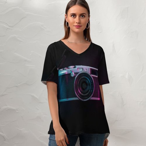 yanfind V Neck T-shirt for Women Robert Shunev Dark Vintage Camera Purple Light SLR Summer Top  Short Sleeve Casual Loose