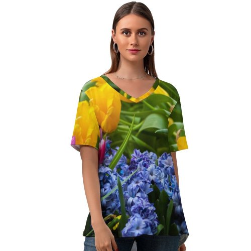 yanfind V Neck T-shirt for Women Arrangement Ogorod Iris Spring Petal Pottery Potted Flowers Jar Vase Plant Summer Top  Short Sleeve Casual Loose