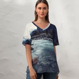 yanfind V Neck T-shirt for Women River Stream Mountains Exposure Landscape Rocks Summer Top  Short Sleeve Casual Loose