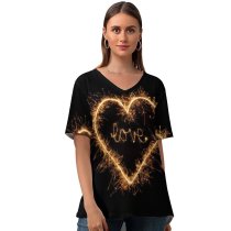 yanfind V Neck T-shirt for Women Black Dark Love Love Heart Sparkles Night Letters Summer Top  Short Sleeve Casual Loose