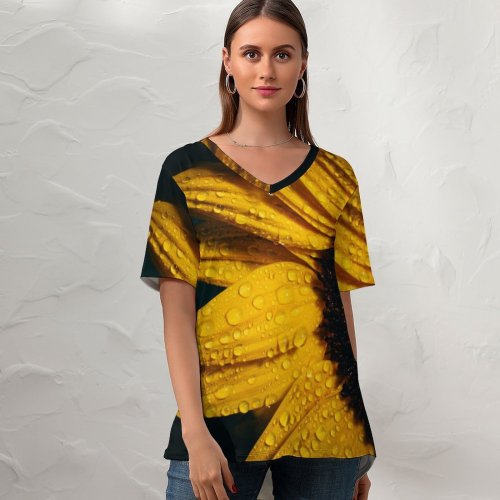 yanfind V Neck T-shirt for Women Sharon Pittaway Flowers Sunflower Rain Droplets Summer Top  Short Sleeve Casual Loose