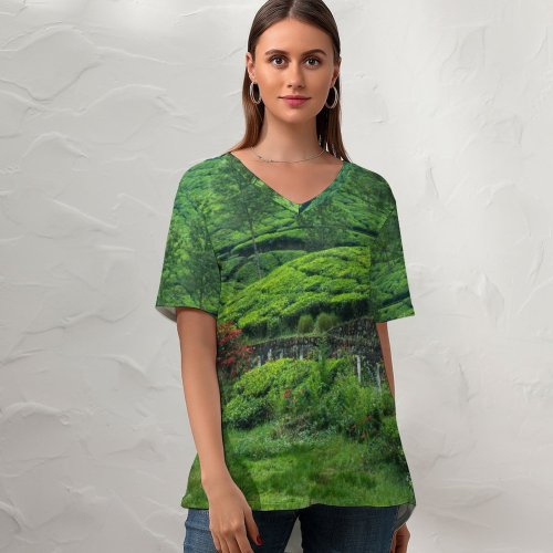 yanfind V Neck T-shirt for Women Tea Estate Hill Station Greenery Western Ghats Plantation Landscape Scenery Summer Top  Short Sleeve Casual Loose
