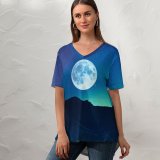 yanfind V Neck T-shirt for Women Kien Virak Moon Aurora Borealis Night Time Mountain Silhouette Landscape Starry Sky Summer Top  Short Sleeve Casual Loose