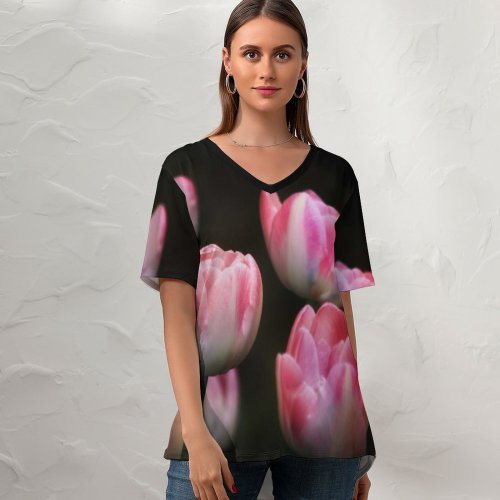 yanfind V Neck T-shirt for Women Anja Flowers Black Dark Tulips Flowers Spring Garden Flora Summer Top  Short Sleeve Casual Loose