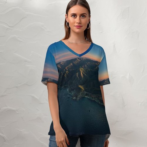 yanfind V Neck T-shirt for Women Big Sur Mountains Clear Sky Sunrise Dawn Morning MacOS Big Sur California Summer Top  Short Sleeve Casual Loose