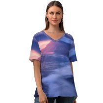 yanfind V Neck T-shirt for Women Mountains Sunrise Scenic Early Morning Countryside Village Sunlight Hill Station Clouds Foggy Summer Top  Short Sleeve Casual Loose