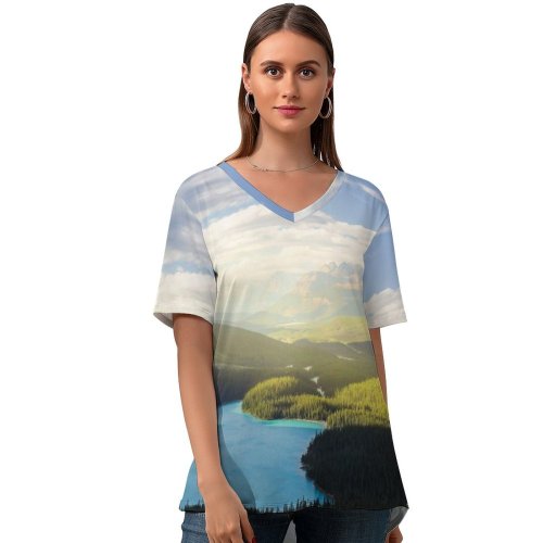 yanfind V Neck T-shirt for Women Robin Christ Banff National Park Peyto Lake Canadian Rockies Mountains Forest Daylight Summer Top  Short Sleeve Casual Loose