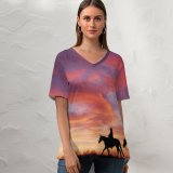 yanfind V Neck T-shirt for Women Cowboy Horses Silhouette Dawn Sunset Summer Top  Short Sleeve Casual Loose