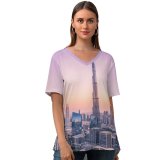 yanfind V Neck T-shirt for Women Burj Khalifa Dubai Skyscraper Cityscape Modern Architecture Hour Metropolitan Urban Summer Top  Short Sleeve Casual Loose