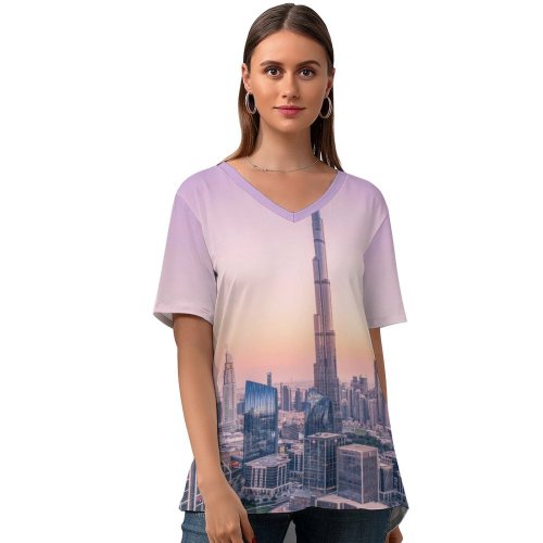 yanfind V Neck T-shirt for Women Burj Khalifa Dubai Skyscraper Cityscape Modern Architecture Hour Metropolitan Urban Summer Top  Short Sleeve Casual Loose