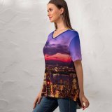 yanfind V Neck T-shirt for Women Henrik Pfitzenmaier York City Twilight Sunset Cityscape City Lights Summer Top  Short Sleeve Casual Loose
