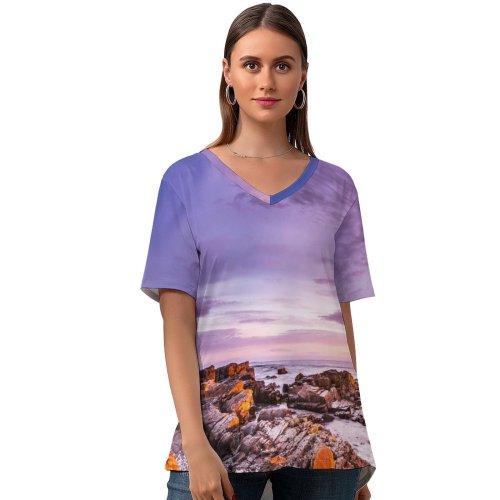 yanfind V Neck T-shirt for Women Bay Fires Tasmania Australia Sunrise Rocky Coast Seascape Ocean Clouds Purple Sky Summer Top  Short Sleeve Casual Loose