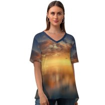 yanfind V Neck T-shirt for Women Johannes Plenio Tree Sunrise Birds Reflection Seascape Summer Top  Short Sleeve Casual Loose