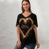 yanfind V Neck T-shirt for Women Black Dark Love Love Heart Sparkles Night Letters Summer Top  Short Sleeve Casual Loose
