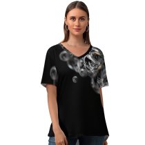 yanfind V Neck T-shirt for Women Black Dark Bubbles Liquid Macro Galaxy S  Summer Top  Short Sleeve Casual Loose