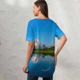 yanfind V Neck T-shirt for Women Lake Mountains Sky Landscape Clear Sky Reflection Swans Snow Covered Trees Scenic Summer Top  Short Sleeve Casual Loose