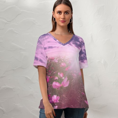 yanfind V Neck T-shirt for Women Flowers Flower Cosmos Sunrise Garden Sky Clouds Summer Top  Short Sleeve Casual Loose