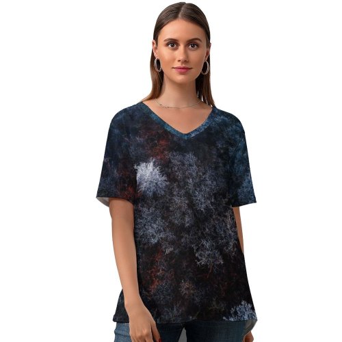 yanfind V Neck T-shirt for Women Luukdek Winter Forest Snow Covered Aerial Birds Eye Drone Photo Trees Summer Top  Short Sleeve Casual Loose
