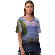 yanfind V Neck T-shirt for Women Fantasy Girl Dream Surreal Floating Lone Tree Above Clouds Sunrise Summer Top  Short Sleeve Casual Loose