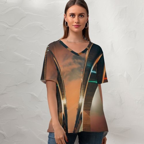 yanfind V Neck T-shirt for Women Luan Oosthuizen Architecture Bridges Structure Lights Dusk Clouds Sky Summer Top  Short Sleeve Casual Loose