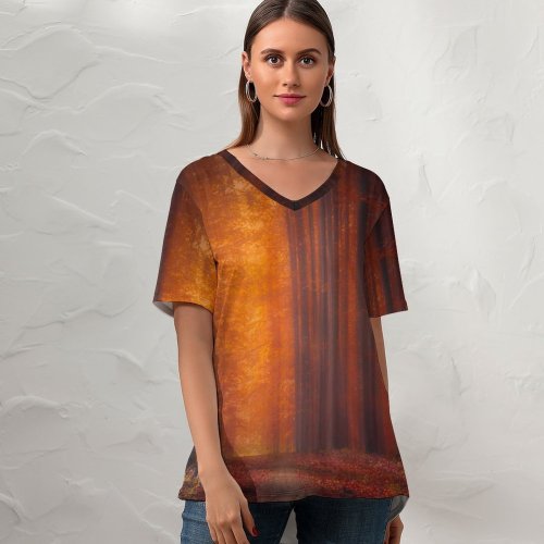 yanfind V Neck T-shirt for Women Hmetosche Autumn Forest Pathway Fallen Leaves Sunset Landscape Trees Woods Summer Top  Short Sleeve Casual Loose