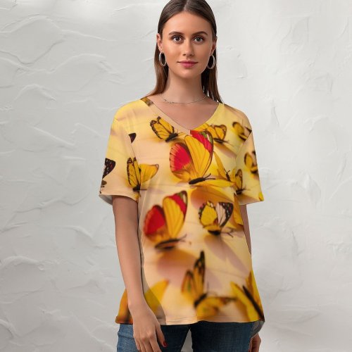 yanfind V Neck T-shirt for Women Drz Colorful Butterflies Wall Decorations Butterflies Closeup Assorted Beautiful Summer Top  Short Sleeve Casual Loose
