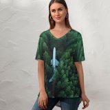 yanfind V Neck T-shirt for Women Airplane Trees Aerial Forest Alpine Trees Summer Top  Short Sleeve Casual Loose