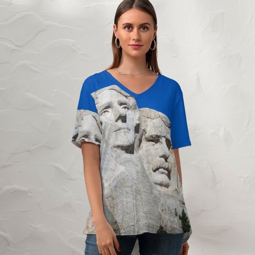yanfind V Neck T-shirt for Women Collins Mount Rushmore Presidents Dakota Hills Sky George Washington Thomas Jefferson Theodore Summer Top  Short Sleeve Casual Loose