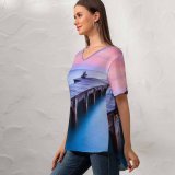 yanfind V Neck T-shirt for Women Anek Suwannaphoom Wooden Pier Sunrise Morning Foggy Daylight Summer Top  Short Sleeve Casual Loose