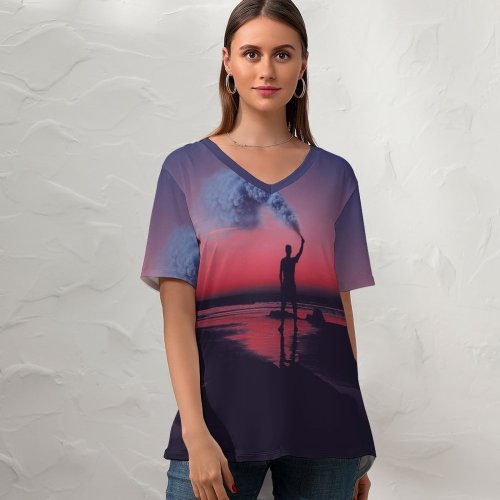 yanfind V Neck T-shirt for Women Aziz Acharki Silhouette Seashore Sky Can Sunset Evening Sky Summer Top  Short Sleeve Casual Loose