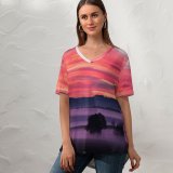 yanfind V Neck T-shirt for Women Bruno Glätsch Sky Sunset Landscape Foggy Scenery Clouds Trees Silhouette Dawn Summer Top  Short Sleeve Casual Loose
