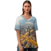yanfind V Neck T-shirt for Women Dubai City Aerial Cityscape City Lights Exposure United Arab Emirates Skyscrapers High Summer Top  Short Sleeve Casual Loose