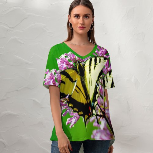 yanfind V Neck T-shirt for Women Insect Colorful Flora Wing Public Lilac Wallpapers Wildlife Plant Invertebrate Pictures Summer Top  Short Sleeve Casual Loose