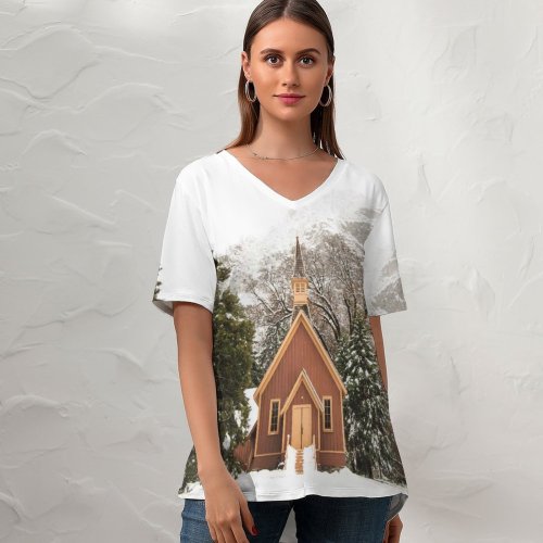 yanfind V Neck T-shirt for Women Chapel Oak Yosemite Building Flora Quiet Snow Wallpapers Plant Outdoors Tree Summer Top  Short Sleeve Casual Loose