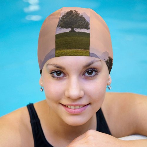 yanfind Swimming Cap Dominic Kamp Solitude Tree Meadow Landscape Cloudy Sky Mountains Elastic,suitable for long and short hair