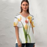 yanfind V Neck T-shirt for Women Arrangement Spring Petal Pottery Flowers Ikebana Jar Wallpapers Vase Plant Decor Summer Top  Short Sleeve Casual Loose