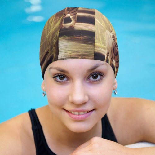 yanfind Swimming Cap Dorothe  Wooden Stairs Forest Jungle Trees Sunlight Wooden Planks Elastic,suitable for long and short hair