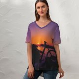 yanfind V Neck T-shirt for Women Aziz Acharki Sunset Silhouette Hoodie Evening Dusk Twilight Horizon Alone Summer Top  Short Sleeve Casual Loose