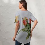 yanfind V Neck T-shirt for Women Arrangement Wallpapers Vase Plant Bouquet Blossom Flower Tulip Tulips Petal Free Summer Top  Short Sleeve Casual Loose