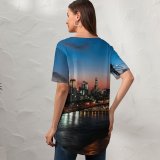 yanfind V Neck T-shirt for Women Matteo Catanese Williamsburg Bridge York City Suspension Bridge City Lights Night Cityscape Summer Top  Short Sleeve Casual Loose