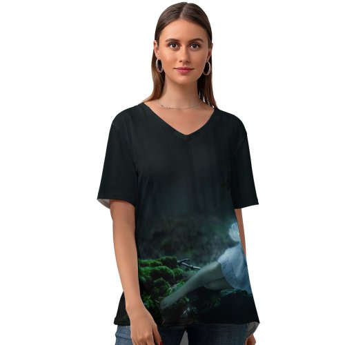 yanfind V Neck T-shirt for Women Travis Schluter Fantasy Cute Girl Enchanted Forest Magical Surreal Glowing Smiling Fairy Summer Top  Short Sleeve Casual Loose