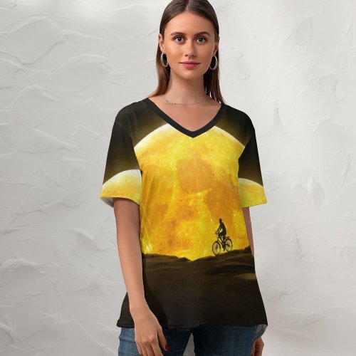 yanfind V Neck T-shirt for Women Mohamed Saber Fantasy Moon Night Silhouette Dream Summer Top  Short Sleeve Casual Loose